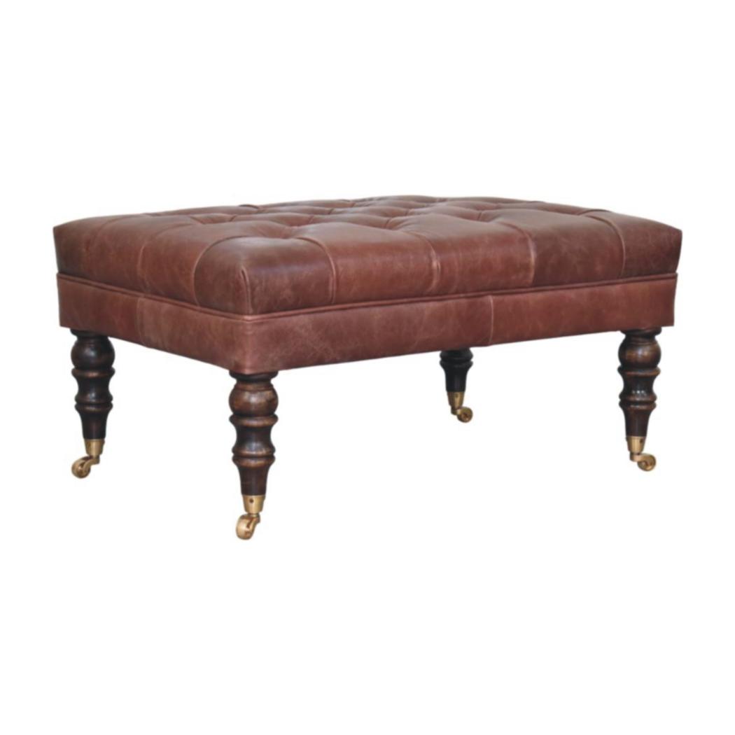 Buffalo Leather Ottoman | Brown Hide | Castor Legs