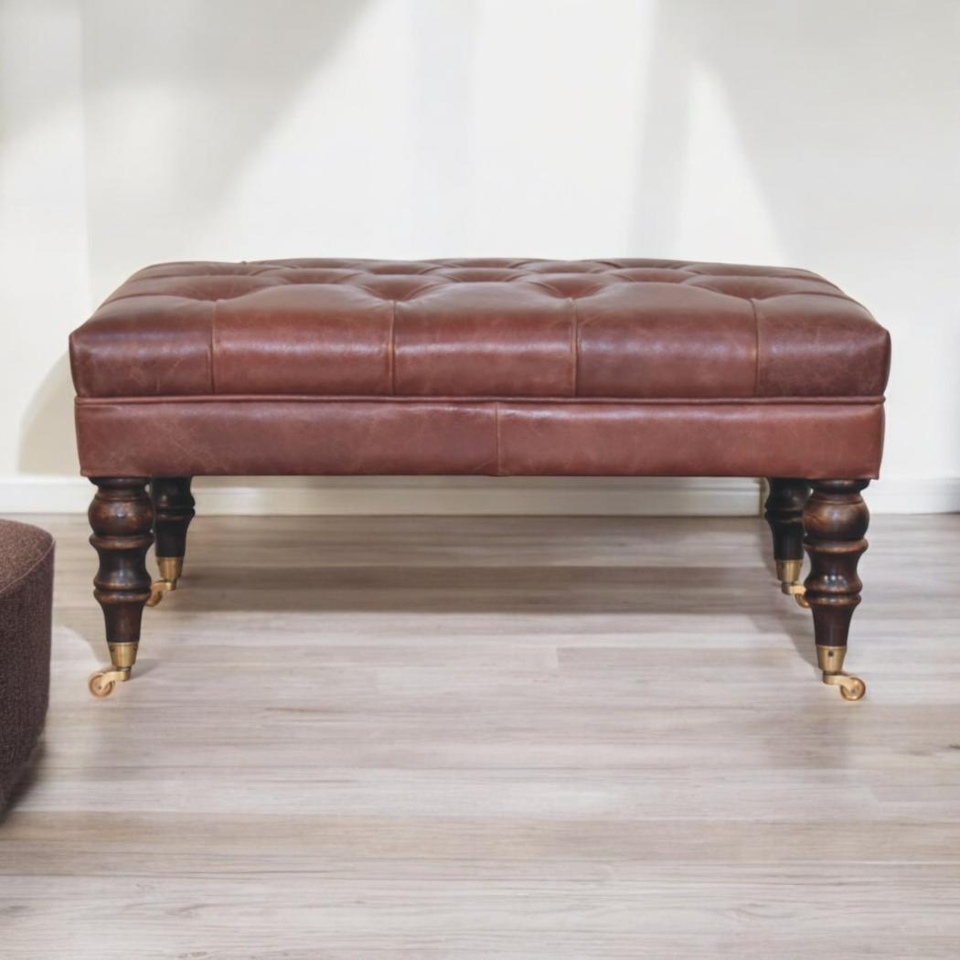Buffalo Leather Ottoman | Brown Hide | Castor Legs