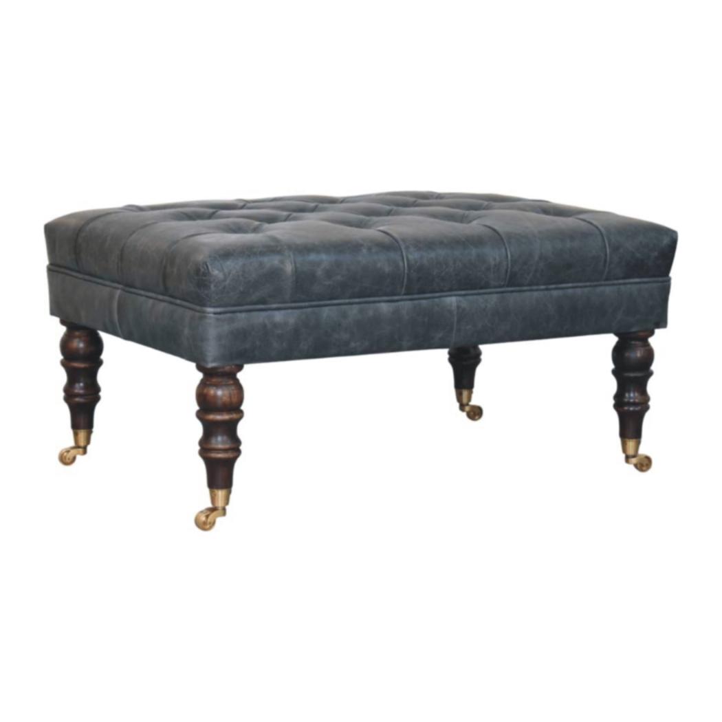 Buffalo Leather Ottoman | Teal Hide | Castor Legs