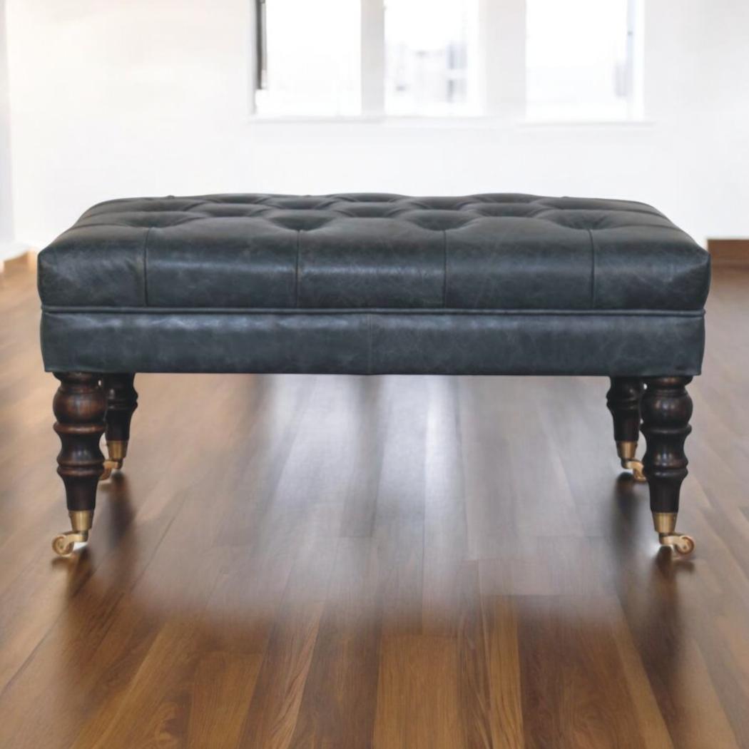 Buffalo Leather Ottoman | Teal Hide | Castor Legs