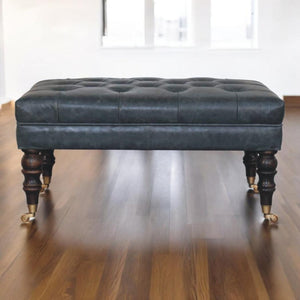 Buffalo Leather Ottoman | Teal Hide | Castor Legs