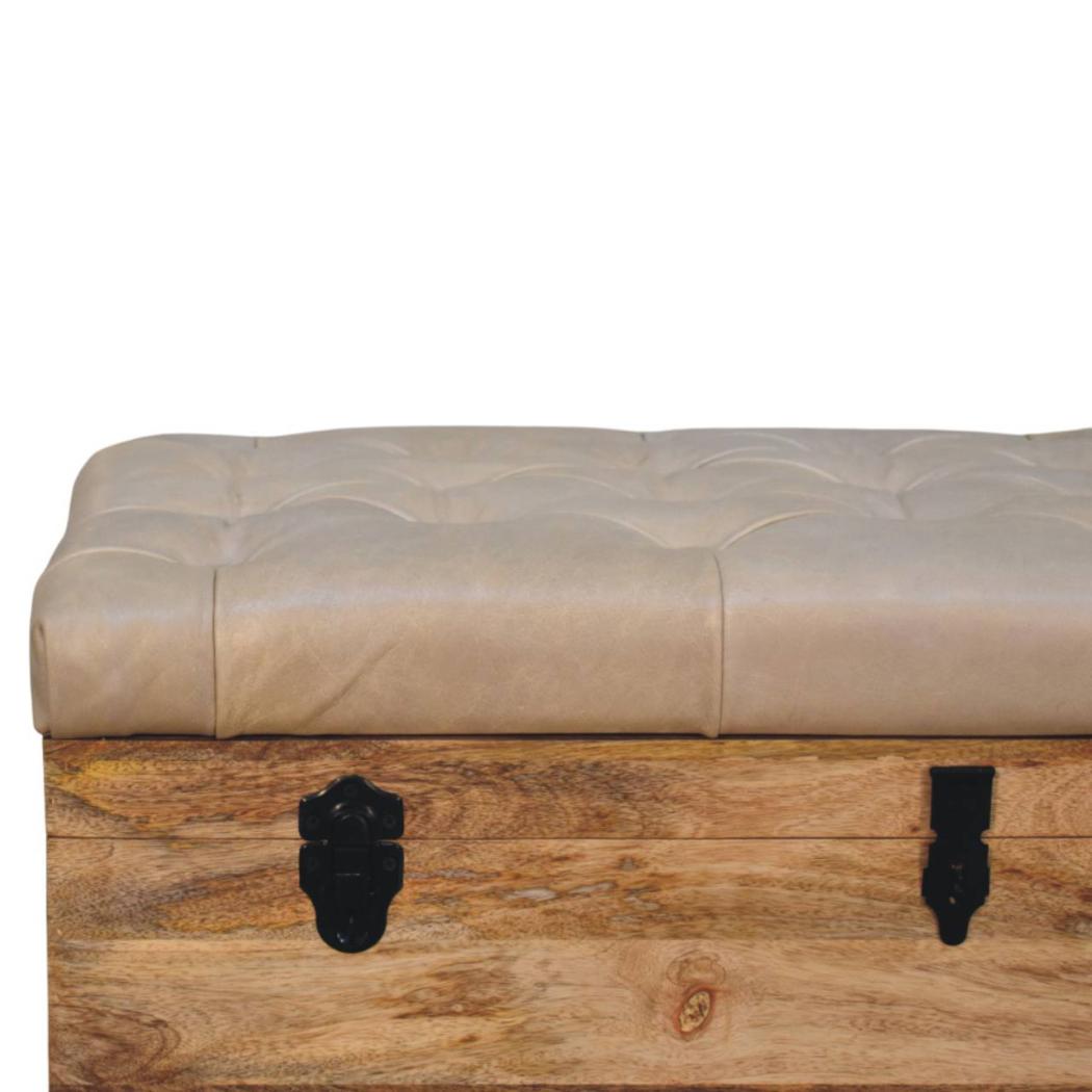 Buffalo Leather Storage Trunk | Beige Hide | Upholstered Blanket Box