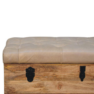 Buffalo Leather Storage Trunk | Beige Hide | Upholstered Blanket Box
