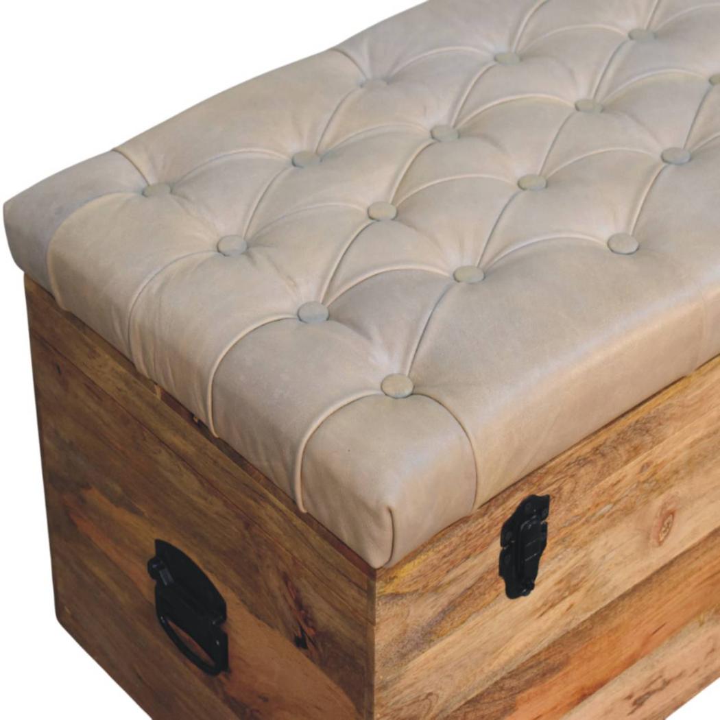 Buffalo Leather Storage Trunk | Beige Hide | Upholstered Blanket Box