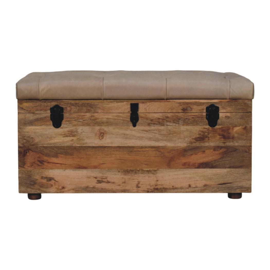 Buffalo Leather Storage Trunk | Beige Hide | Upholstered Blanket Box