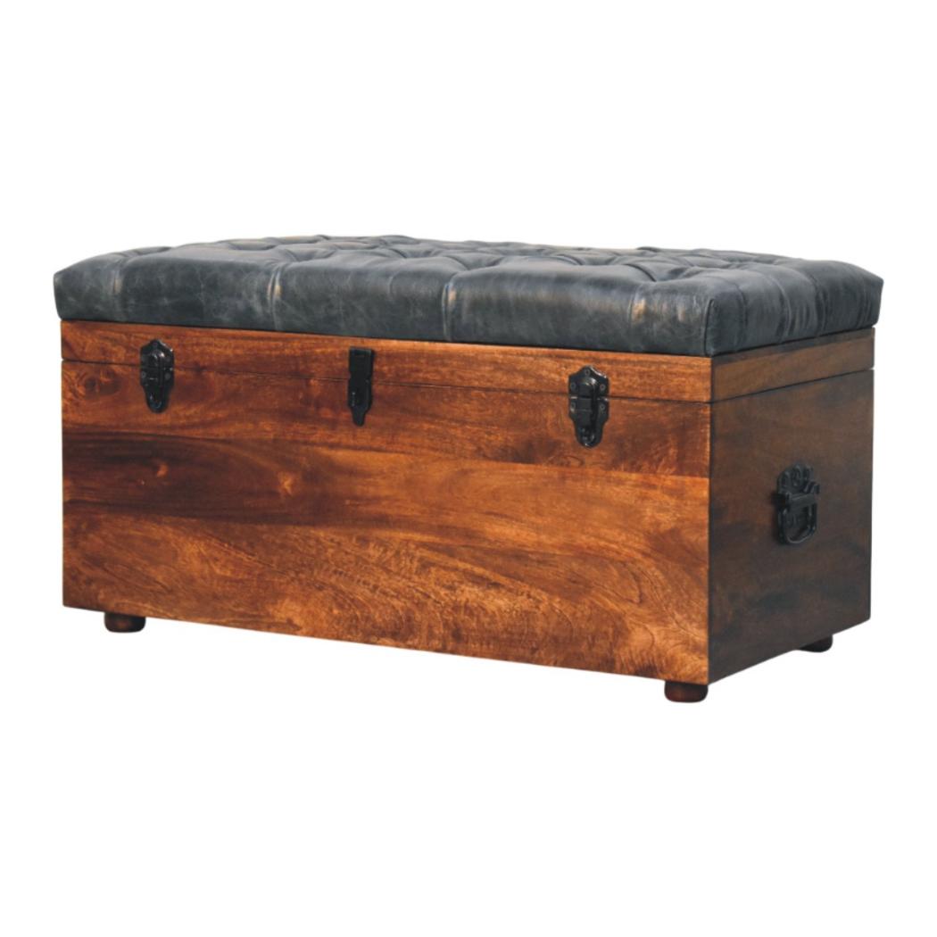 Buffalo Leather Storage Trunk | Black Hide | Upholstered Blanket Box