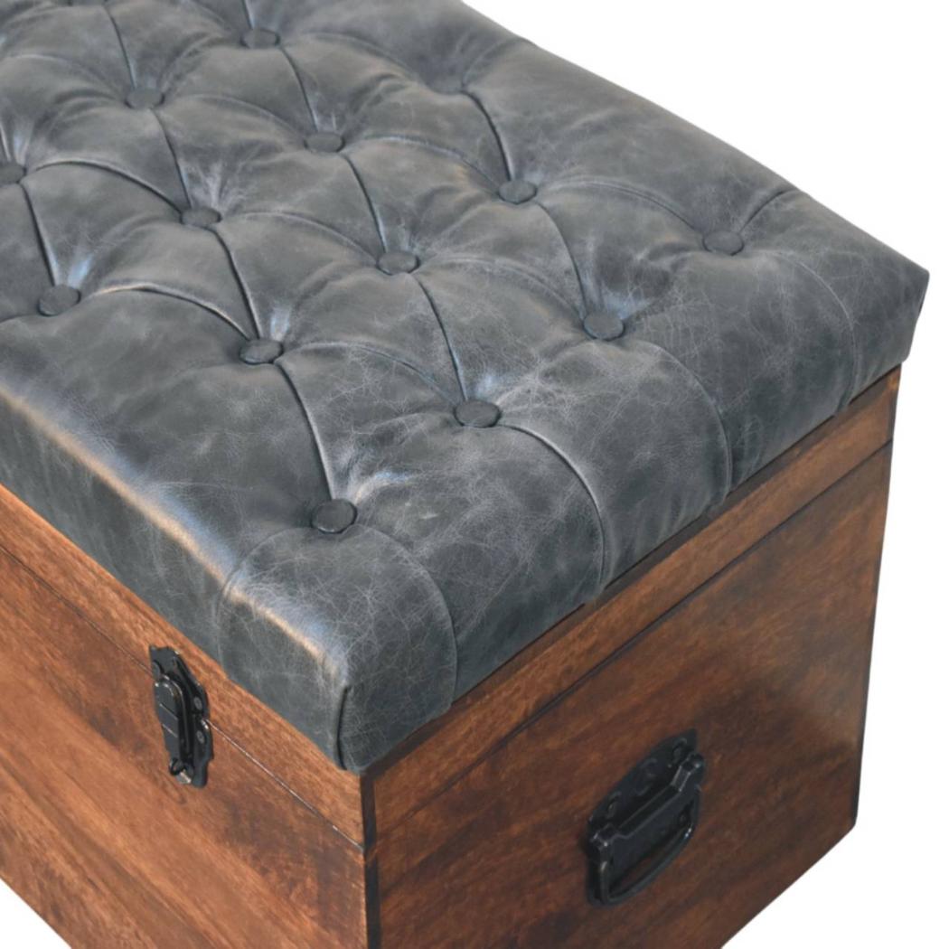 Buffalo Leather Storage Trunk | Black Hide | Upholstered Blanket Box