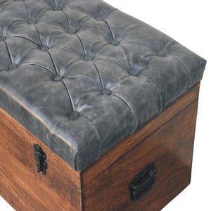 Buffalo Leather Storage Trunk | Black Hide | Upholstered Blanket Box