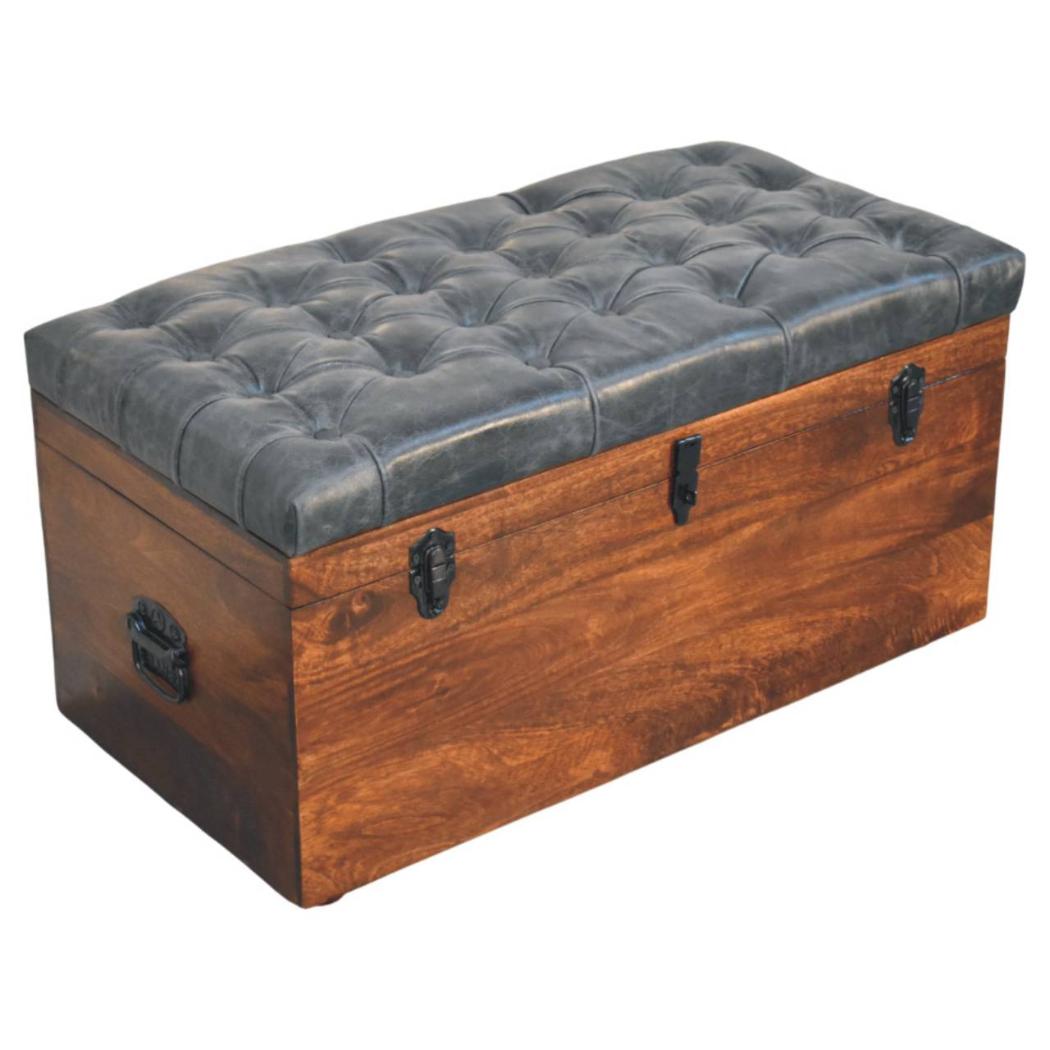 Buffalo Leather Storage Trunk | Black Hide | Upholstered Blanket Box