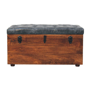 Buffalo Leather Storage Trunk | Black Hide | Upholstered Blanket Box