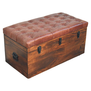 Buffalo Leather Storage Trunk | Brown Hide | Solid Wood Frame