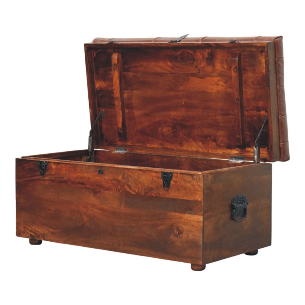Buffalo Leather Storage Trunk | Brown Hide | Solid Wood Frame