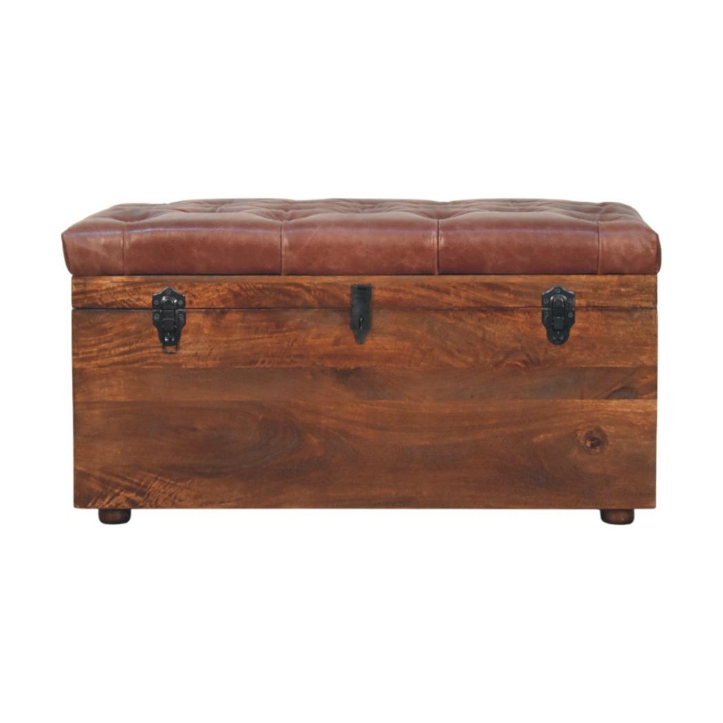 Buffalo Leather Storage Trunk | Brown Hide | Solid Wood Frame