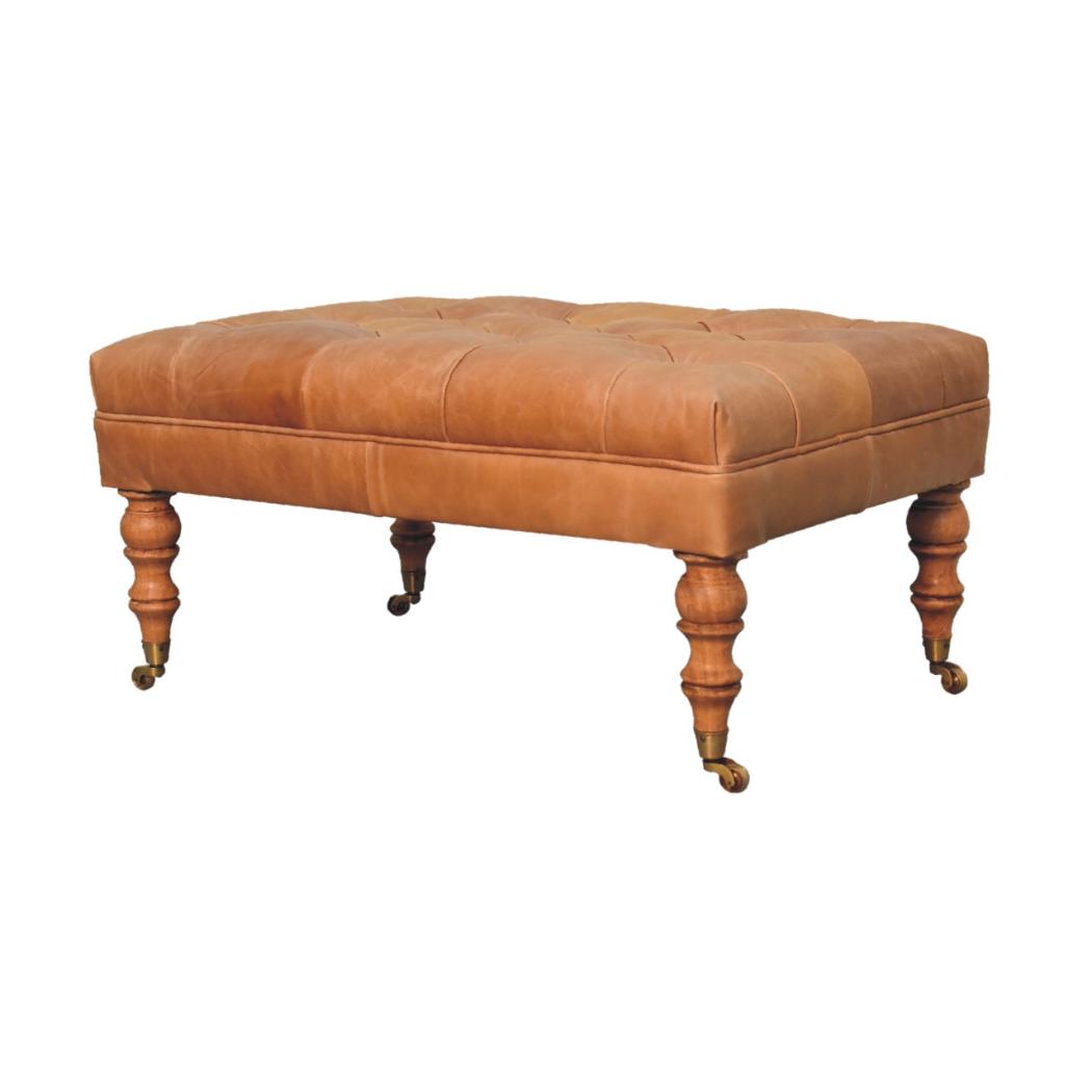 Buffalo Tan Leather Ottoman with Castor Legs | Castor Leg Design