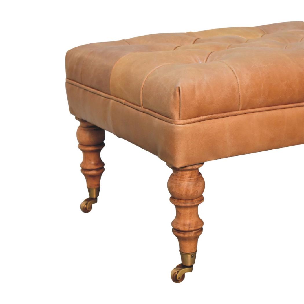 Buffalo Tan Leather Ottoman with Castor Legs | Castor Leg Design