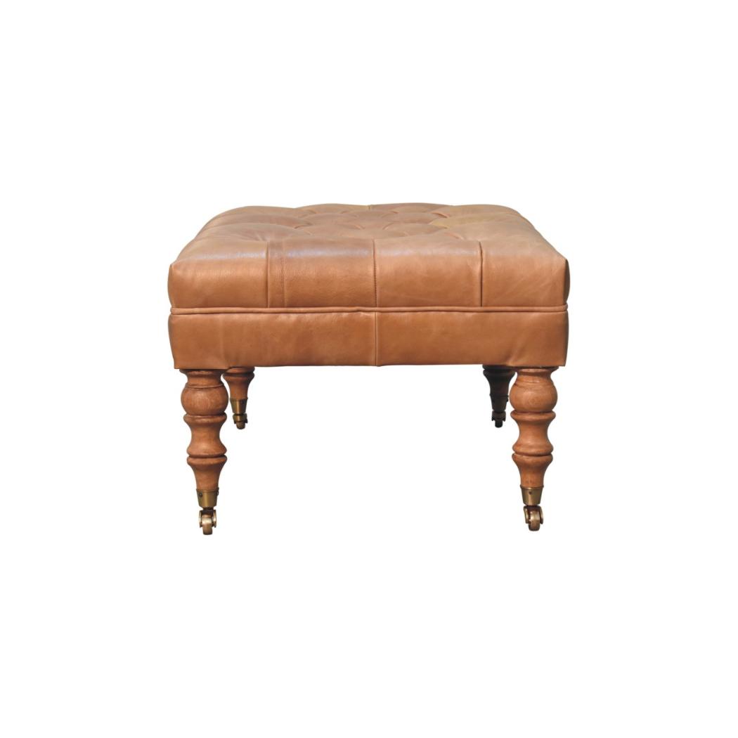 Buffalo Tan Leather Ottoman with Castor Legs | Castor Leg Design
