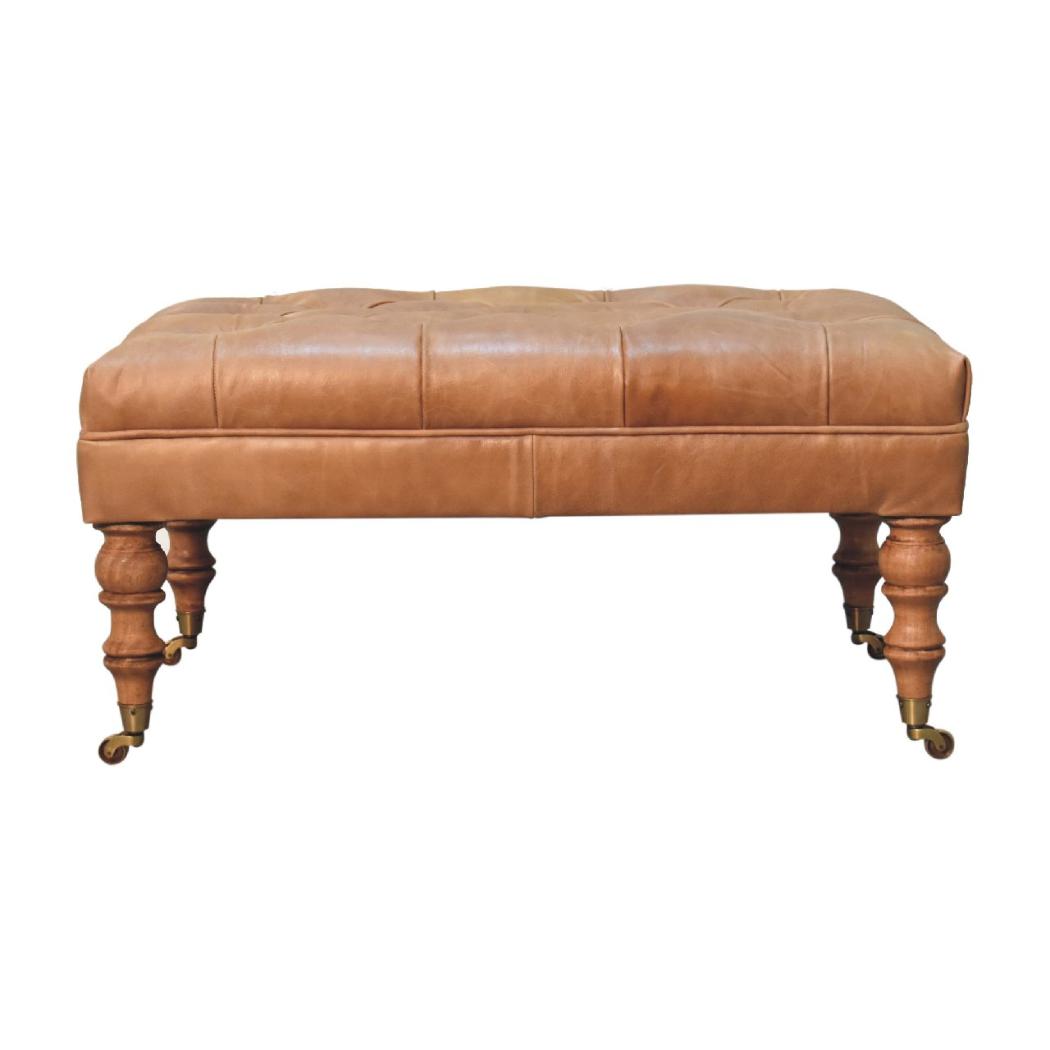 Buffalo Tan Leather Ottoman with Castor Legs | Castor Leg Design