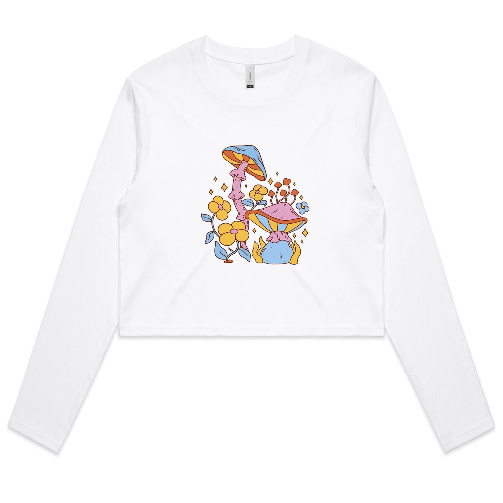 Women's Hippie Mushroom Print Long Sleeve Cropped Tee