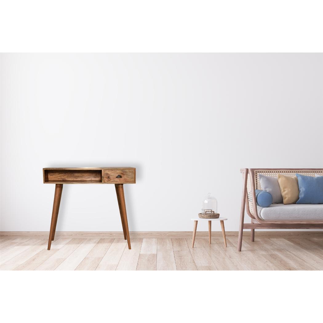 Cable-Ready Writing Desk | Solid Mango Wood | Oak Finish | Drawer & Open Shelf