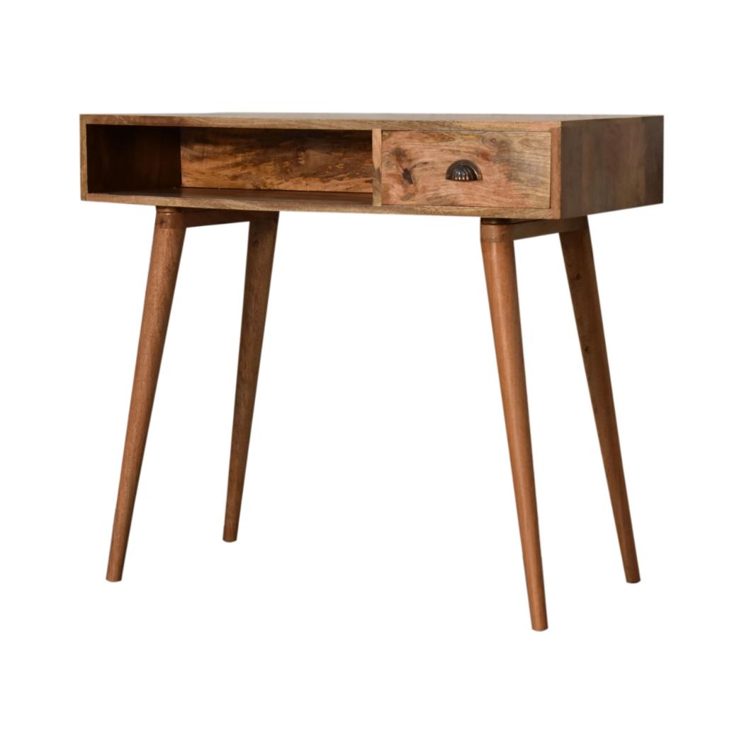 Cable-Ready Writing Desk | Solid Mango Wood | Oak Finish | Drawer & Open Shelf