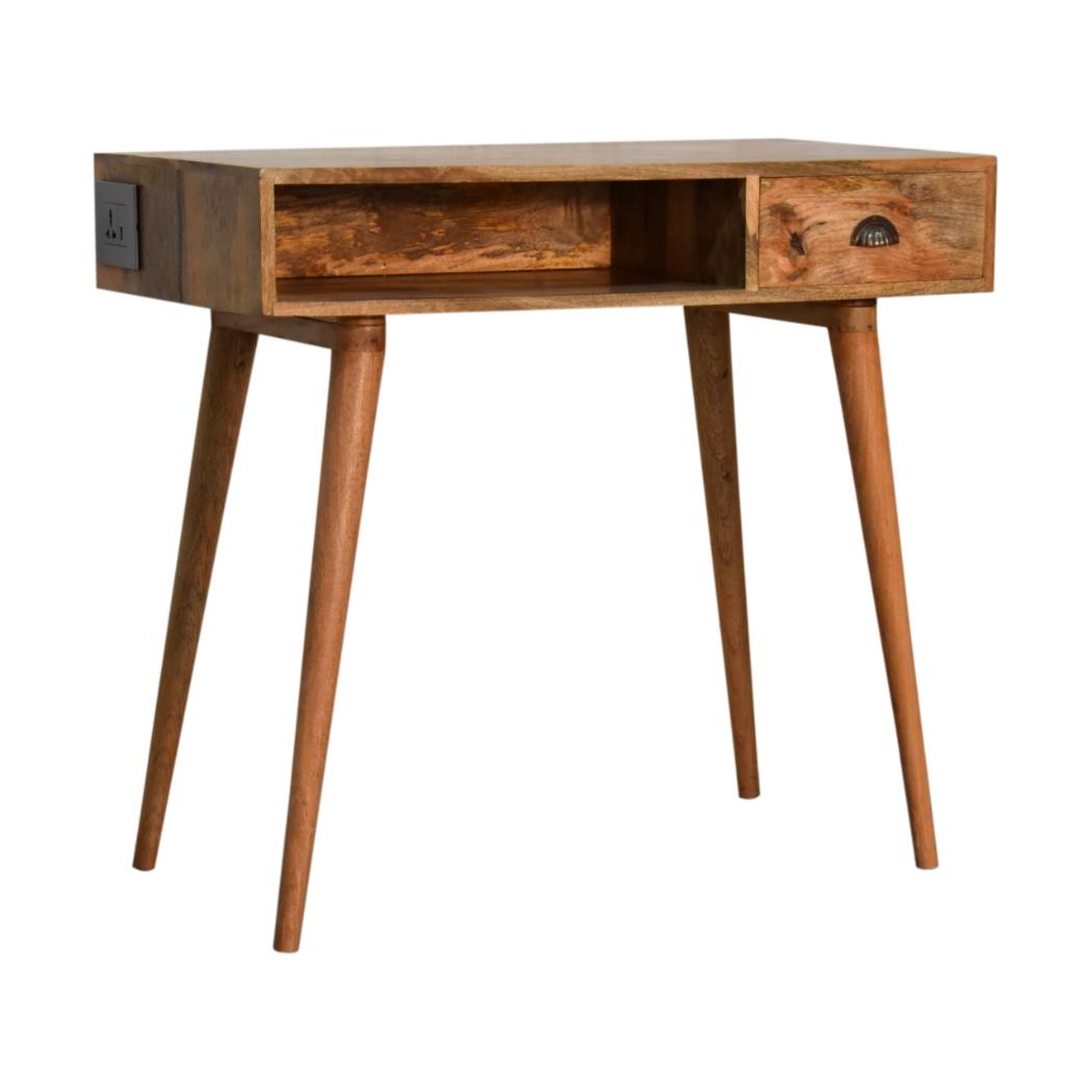Cable-Ready Writing Desk | Solid Mango Wood | Oak Finish | Drawer & Open Shelf