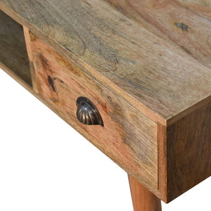 Cable-Ready Writing Desk | Solid Mango Wood | Oak Finish | Drawer & Open Shelf