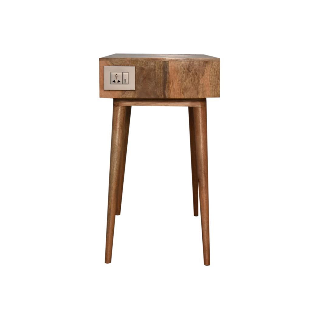 Cable-Ready Writing Desk | Solid Mango Wood | Oak Finish | Drawer & Open Shelf