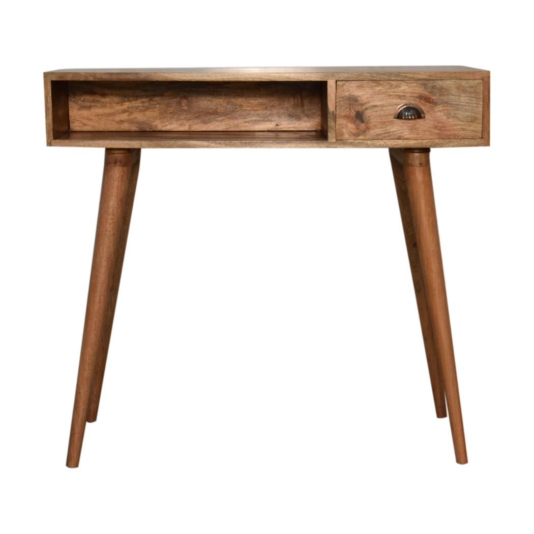 Cable-Ready Writing Desk | Solid Mango Wood | Oak Finish | Drawer & Open Shelf