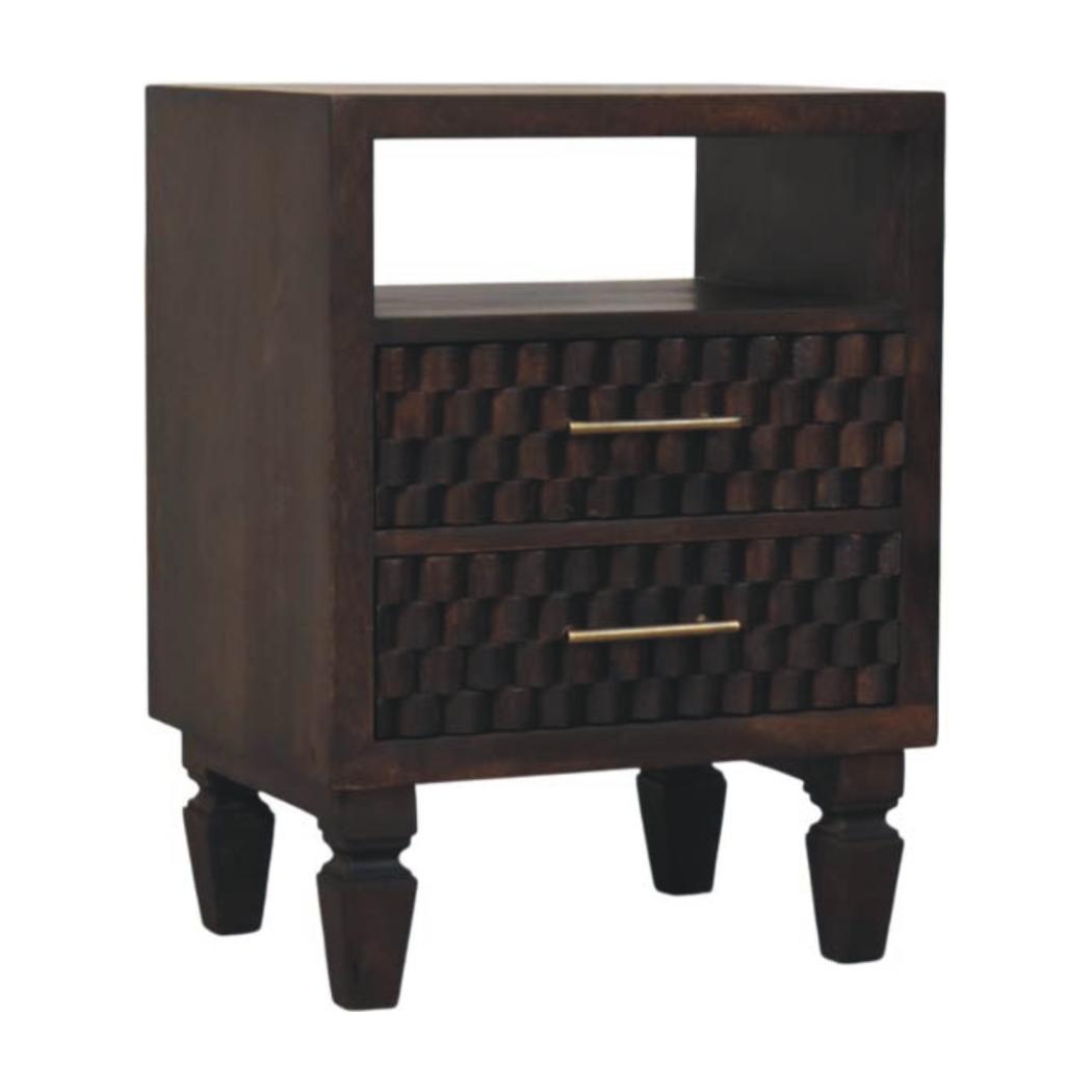 Cadiz Carved Bedside Table | Solid Mango Wood | Velvet Mocha Finish | 2 Drawer Nightstand with Open Shelf