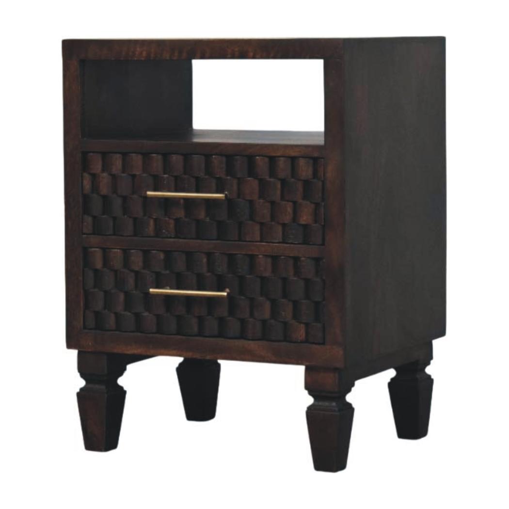 Cadiz Carved Bedside Table | Solid Mango Wood | Velvet Mocha Finish | 2 Drawer Nightstand with Open Shelf