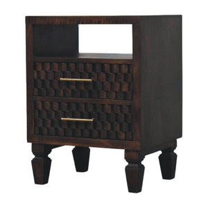 Cadiz Carved Bedside Table | Solid Mango Wood | Velvet Mocha Finish | 2 Drawer Nightstand with Open Shelf