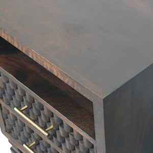 Cadiz Carved Bedside Table | Solid Mango Wood | Velvet Mocha Finish | 2 Drawer Nightstand with Open Shelf