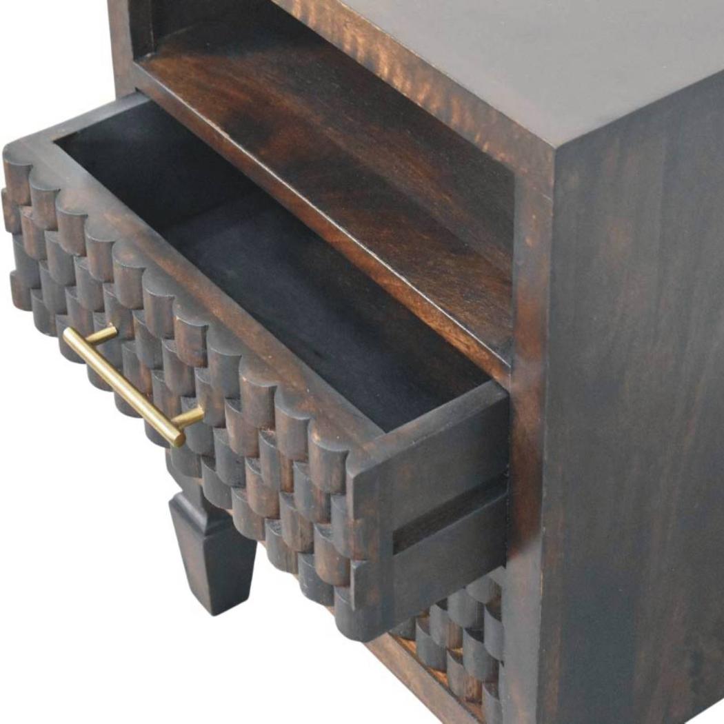 Cadiz Carved Bedside Table | Solid Mango Wood | Velvet Mocha Finish | 2 Drawer Nightstand with Open Shelf