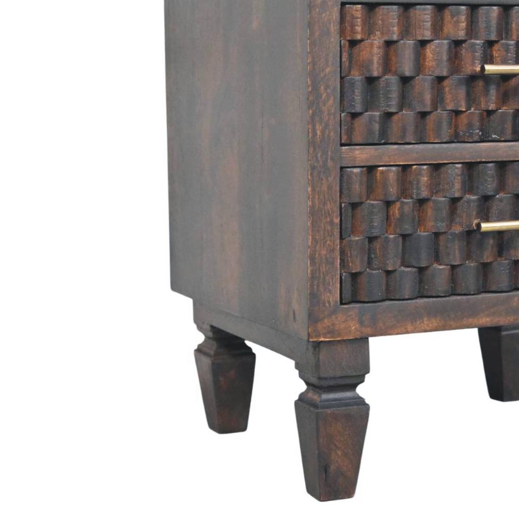 Cadiz Carved Bedside Table | Solid Mango Wood | Velvet Mocha Finish | 2 Drawer Nightstand with Open Shelf