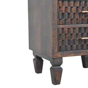 Cadiz Carved Bedside Table | Solid Mango Wood | Velvet Mocha Finish | 2 Drawer Nightstand with Open Shelf