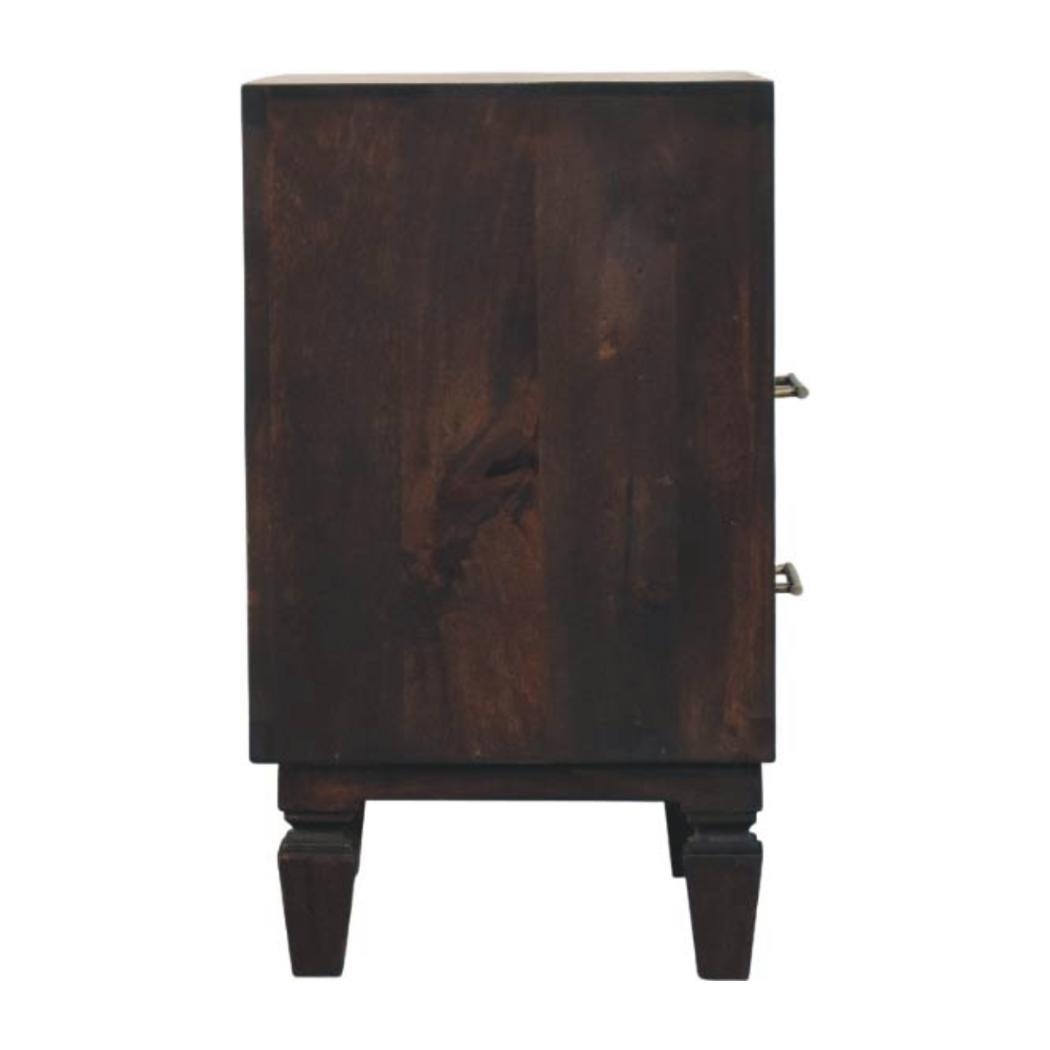 Cadiz Carved Bedside Table | Solid Mango Wood | Velvet Mocha Finish | 2 Drawer Nightstand with Open Shelf