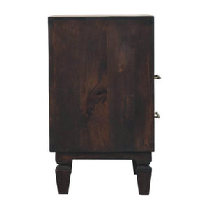 Cadiz Carved Bedside Table | Solid Mango Wood | Velvet Mocha Finish | 2 Drawer Nightstand with Open Shelf