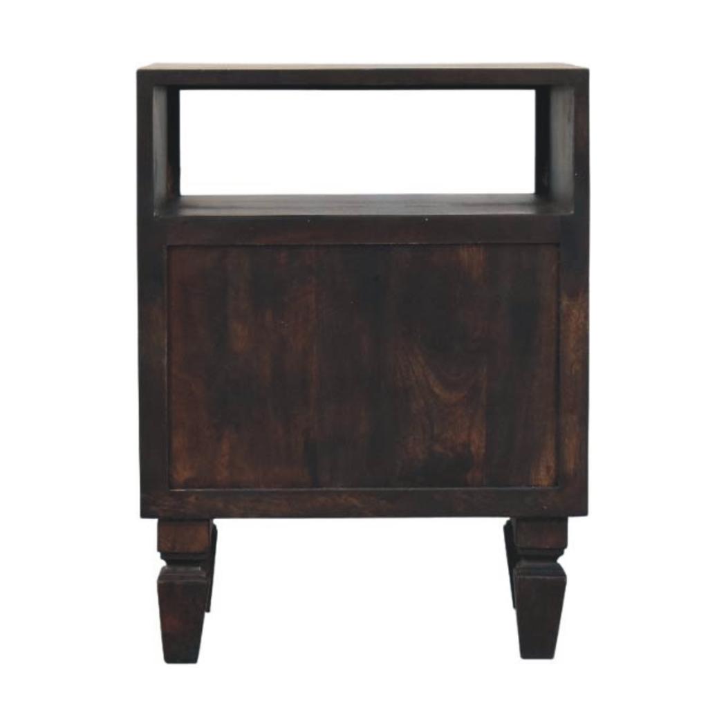 Cadiz Carved Bedside Table | Solid Mango Wood | Velvet Mocha Finish | 2 Drawer Nightstand with Open Shelf