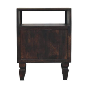 Cadiz Carved Bedside Table | Solid Mango Wood | Velvet Mocha Finish | 2 Drawer Nightstand with Open Shelf