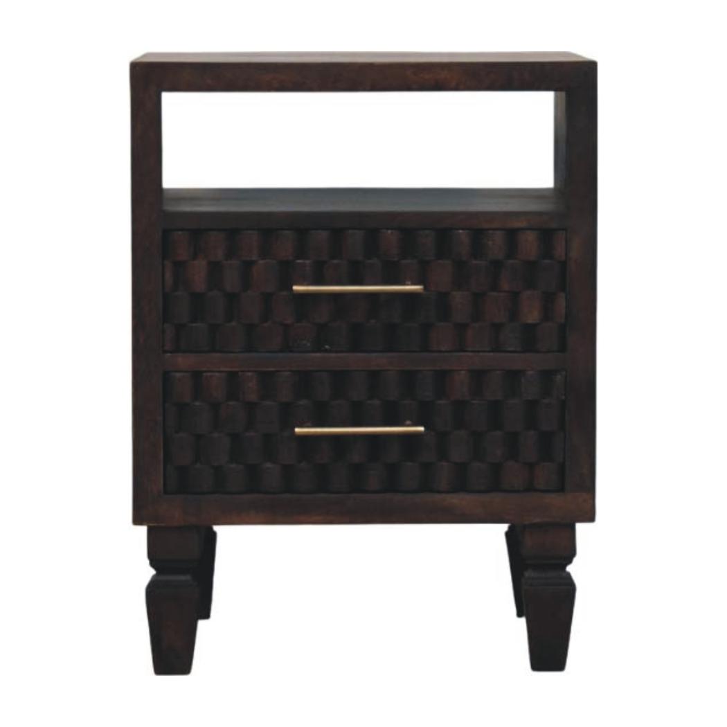 Cadiz Carved Bedside Table | Solid Mango Wood | Velvet Mocha Finish | 2 Drawer Nightstand with Open Shelf