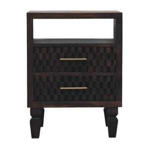 Cadiz Carved Bedside Table | Solid Mango Wood | Velvet Mocha Finish | 2 Drawer Nightstand with Open Shelf