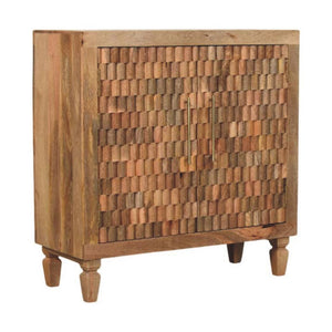 Cadiz Carved Block Cabinet | Solid Mango Wood | Golden Teak Finish | 2 Door Storage Cabinet