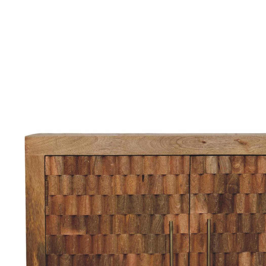 Cadiz Carved Block Cabinet | Solid Mango Wood | Golden Teak Finish | 2 Door Storage Cabinet