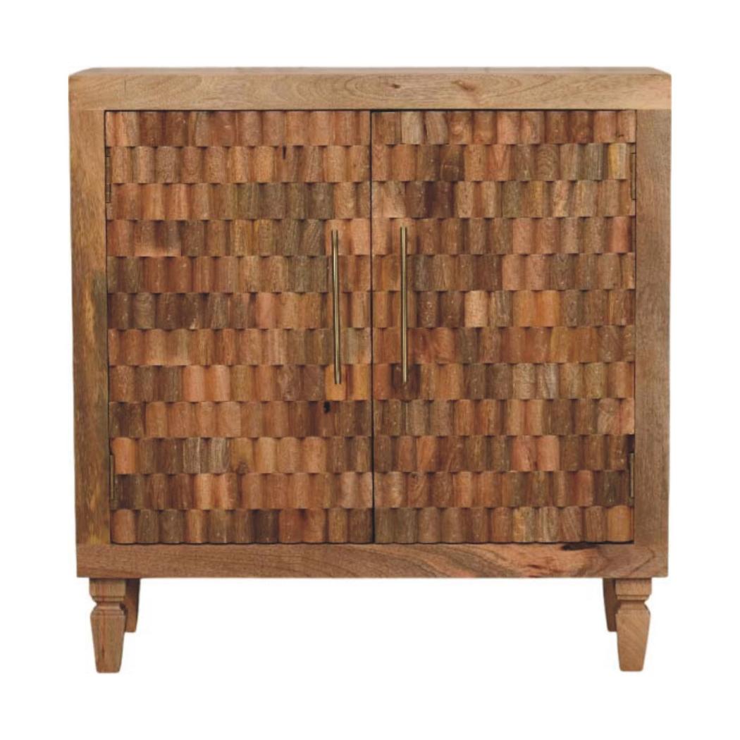 Cadiz Carved Block Cabinet | Solid Mango Wood | Golden Teak Finish | 2 Door Storage Cabinet