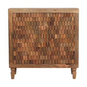 Cadiz Carved Block Cabinet | Solid Mango Wood | Golden Teak Finish | 2 Door Storage Cabinet
