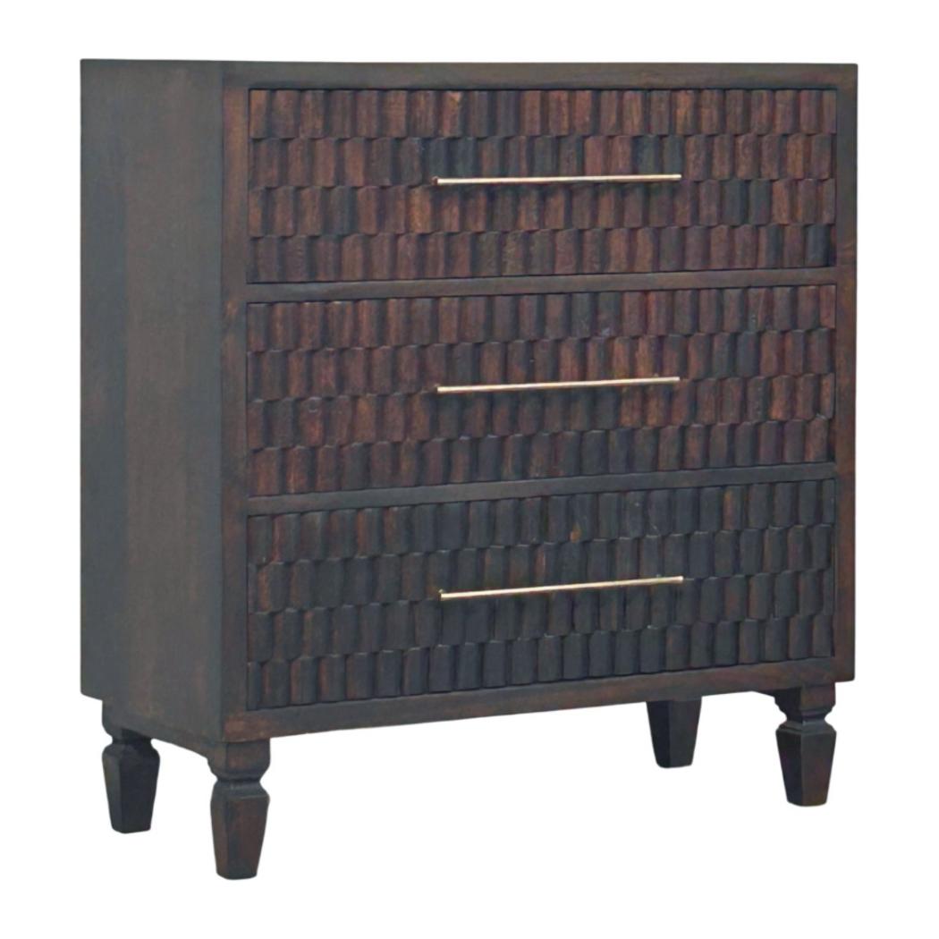 Cadiz Carved Chest of Drawers | Solid Mango Wood | Velvet Mocha Finish | 3 Drawer Storage Dresser