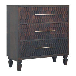 Cadiz Carved Chest of Drawers | Solid Mango Wood | Velvet Mocha Finish | 3 Drawer Storage Dresser