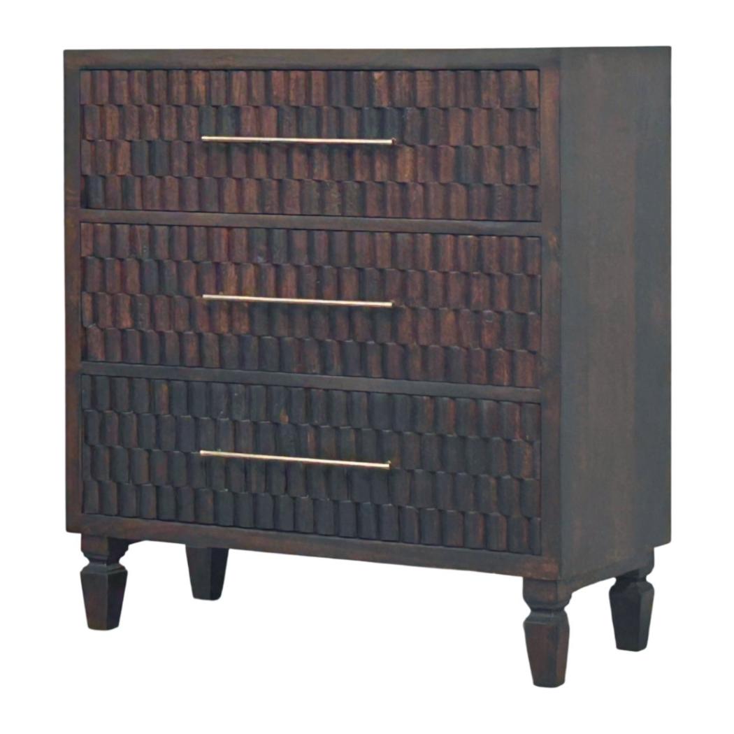 Cadiz Carved Chest of Drawers | Solid Mango Wood | Velvet Mocha Finish | 3 Drawer Storage Dresser