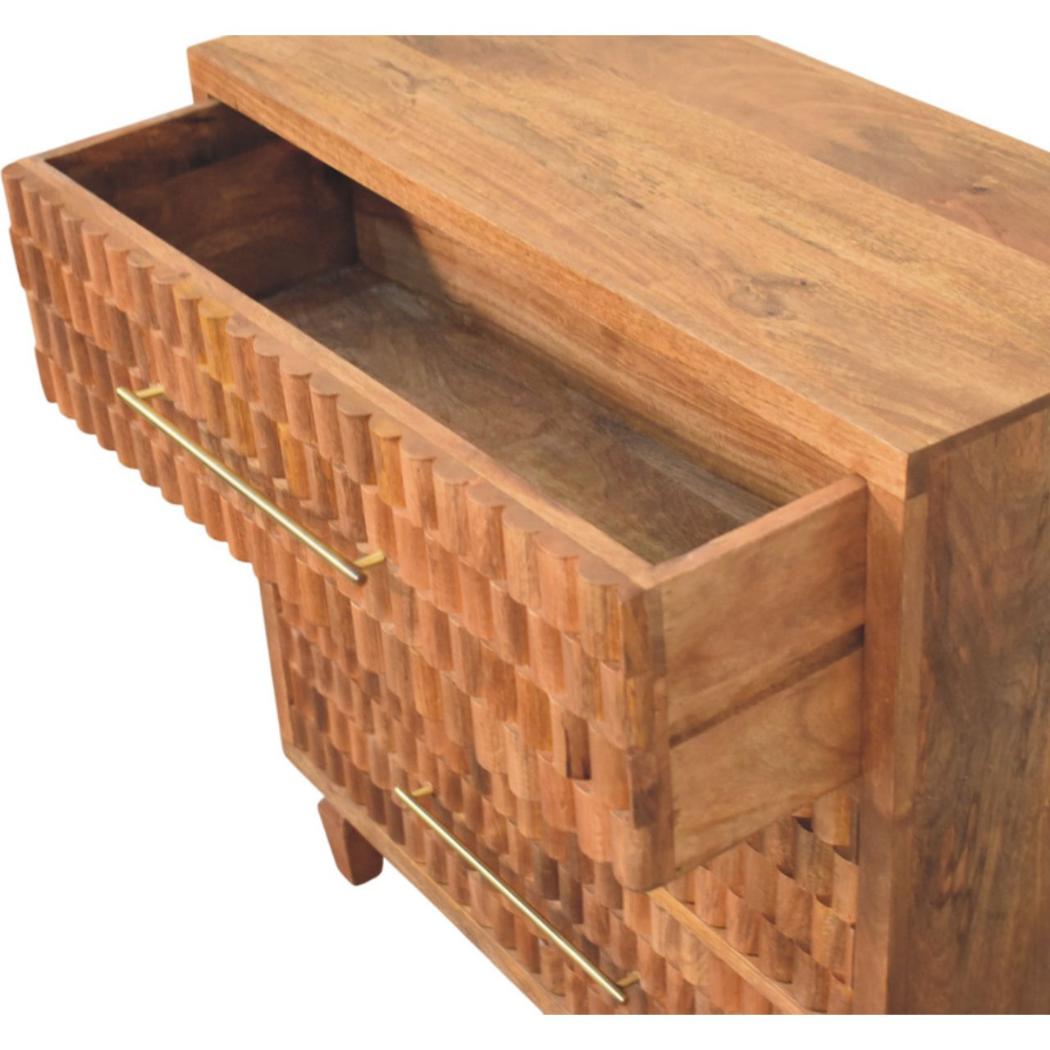 Cadiz Carved Chest of Drawers | Solid Mango Wood | Golden Teak Finish | 3 Drawer Storage Dresser