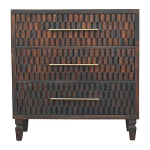 Cadiz Carved Chest of Drawers | Solid Mango Wood | Velvet Mocha Finish | 3 Drawer Storage Dresser